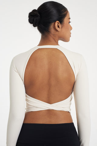 Twist-Back Long Sleeve Bra Top in Eggshell