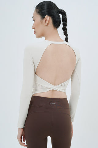 Twist-Back Long Sleeve Bra Top in Eggshell