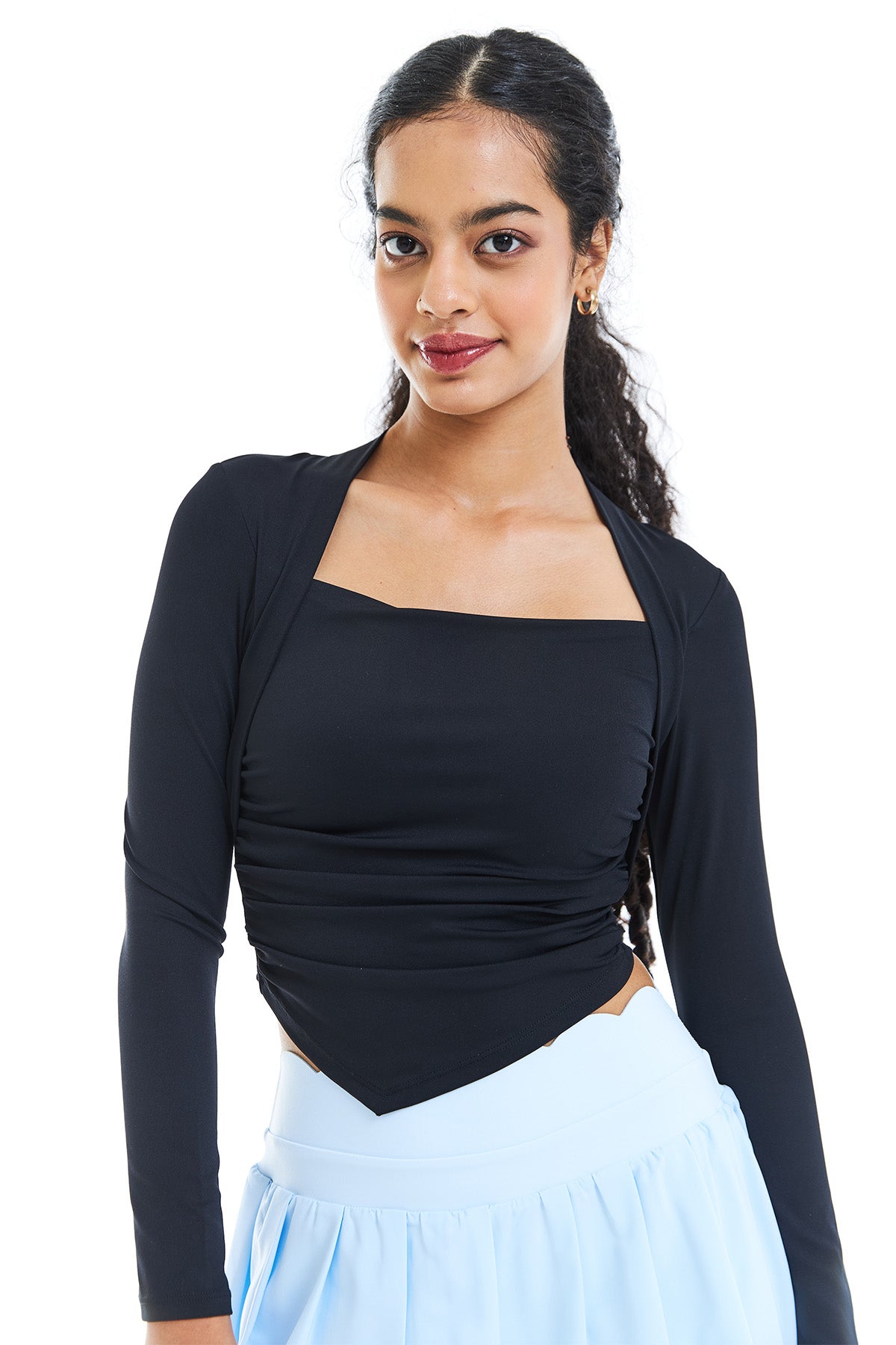 Varsity Long Sleeve Bra Top in Black