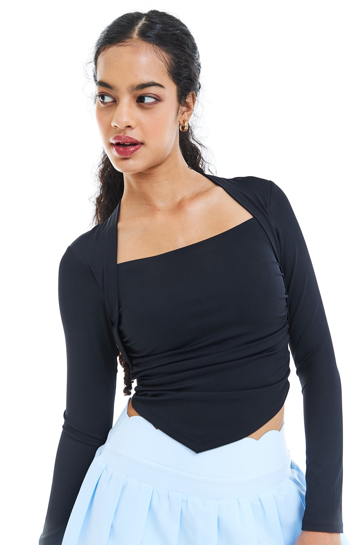 Varsity Long Sleeve Bra Top in Black