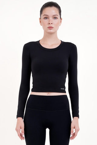 Twist-Back Long Sleeve Bra Top in Black